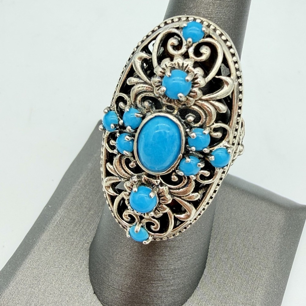 Vtg QVC NF Turquoise 925 Sterling Silver Ring Huge Statement Filigree Sz 7